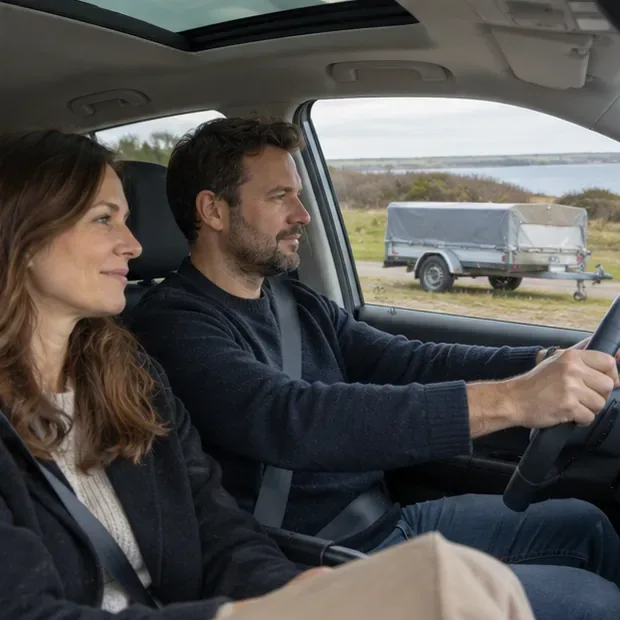 Et par prøvekører en bil på landevej, mens en overdækket trailer står synligt ved vejen