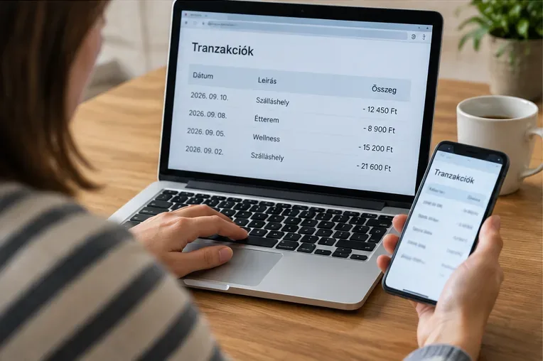 Laptopon és telefonon megjelenített tranzakciós lista, amely a SZÉP-kártya forgalmának ellenőrzését szemlélteti