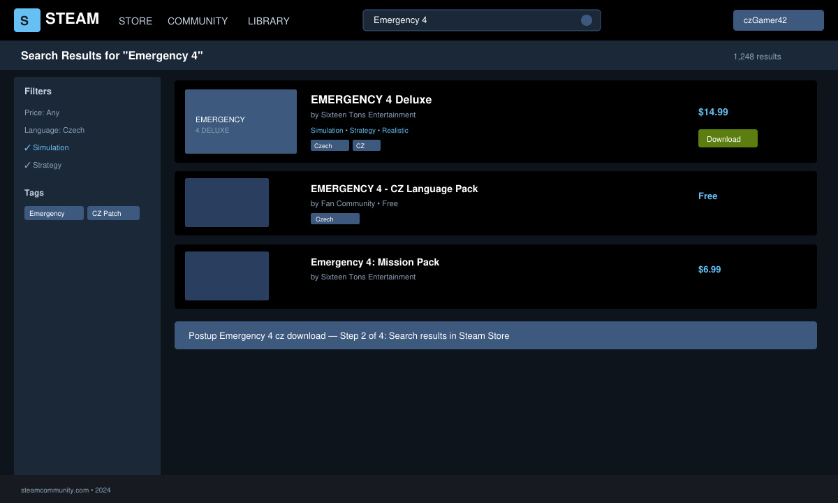 Snímek obrazovky Steam s vyhledáváním Emergency 4