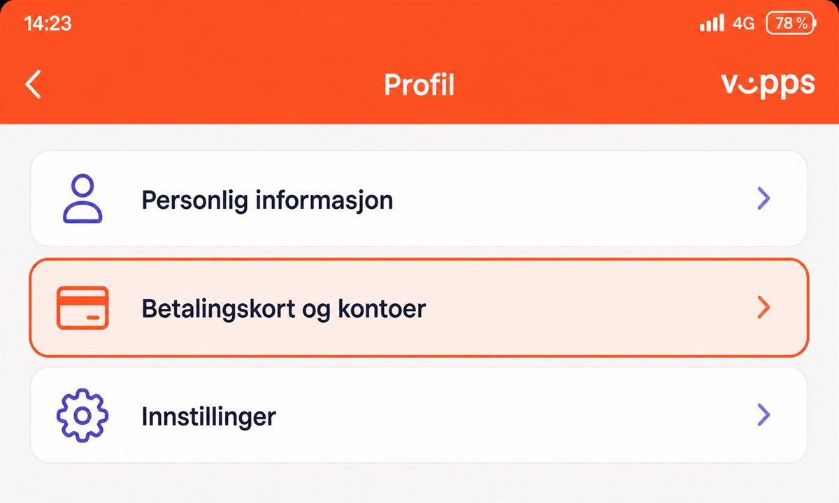 Vipps-appen med profilmeny åpen og Betalingskort markert