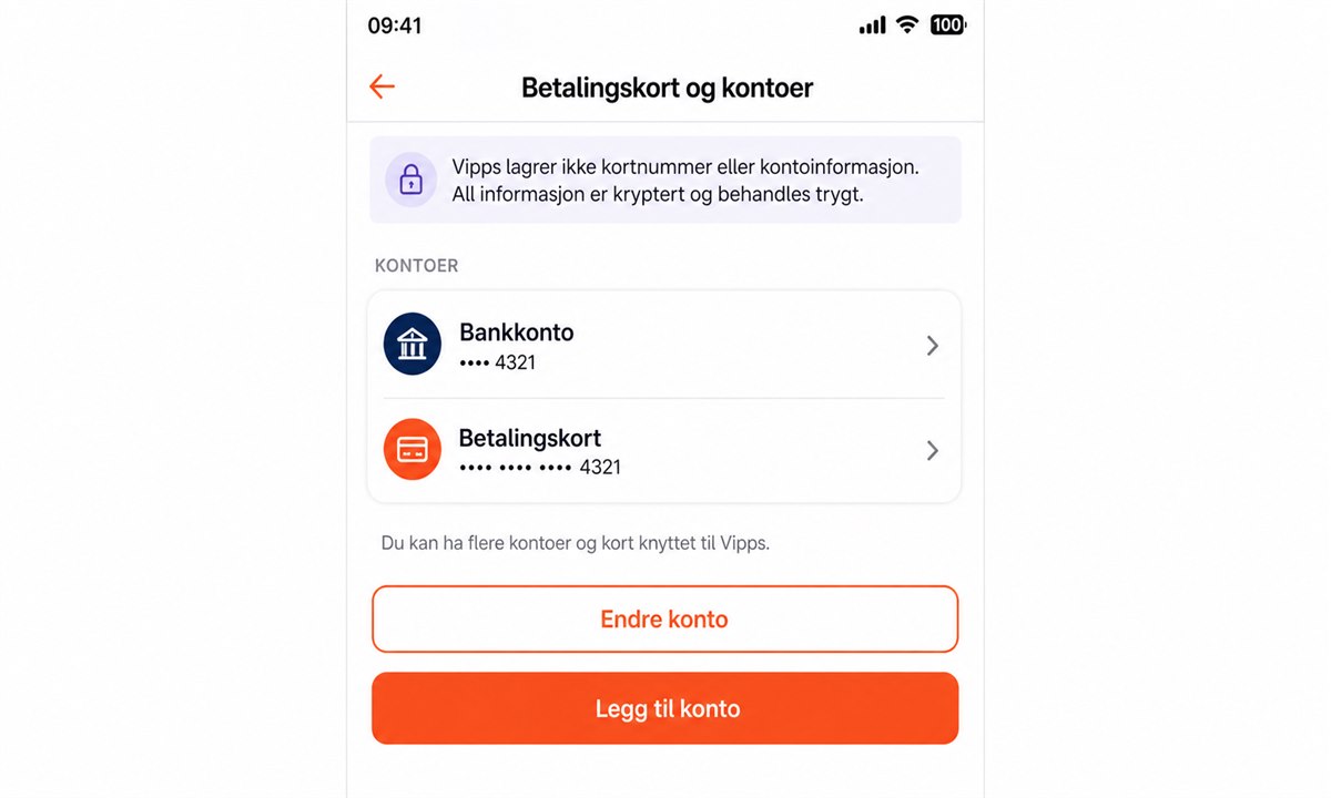 Skjermbilde av Vipps-innstillinger for betalingskort og kontoer