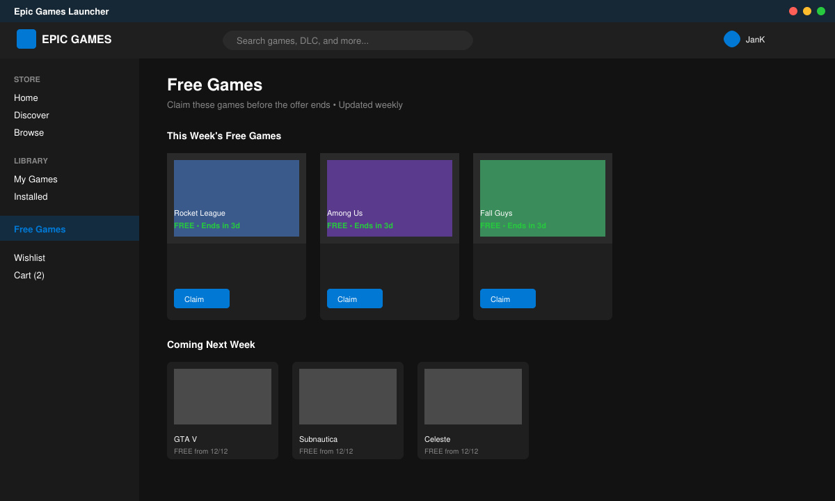 Otevřený Epic Games Store s viditelným seznamem her zdarma