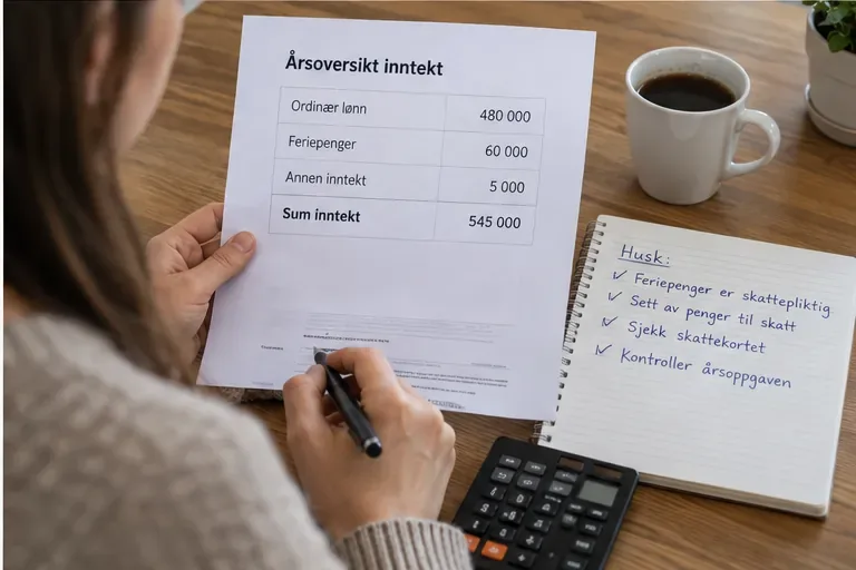 En arbeidstaker kontrollerer en årsoversikt over lønn og feriepenger med kalkulator og sjekkliste.