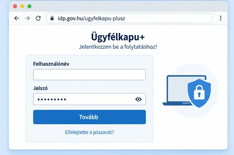 A sematikus Ügyfélkapu+ képernyőn a Felhasználónév, a Jelszó és a Tovább gomb látható