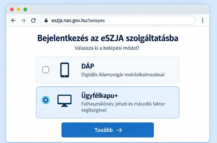 A sematikus eSZJA belépési képernyőn a DÁP és az Ügyfélkapu+ lehetőségei közül az Ügyfélkapu+ van kijelölve