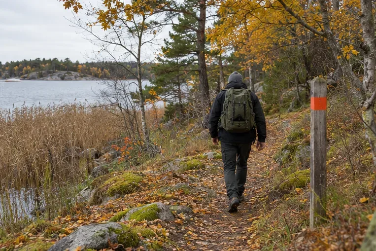 En vandrare går på en markerad stig längs en vasskantad skärgårdsstrand i höstfärger.