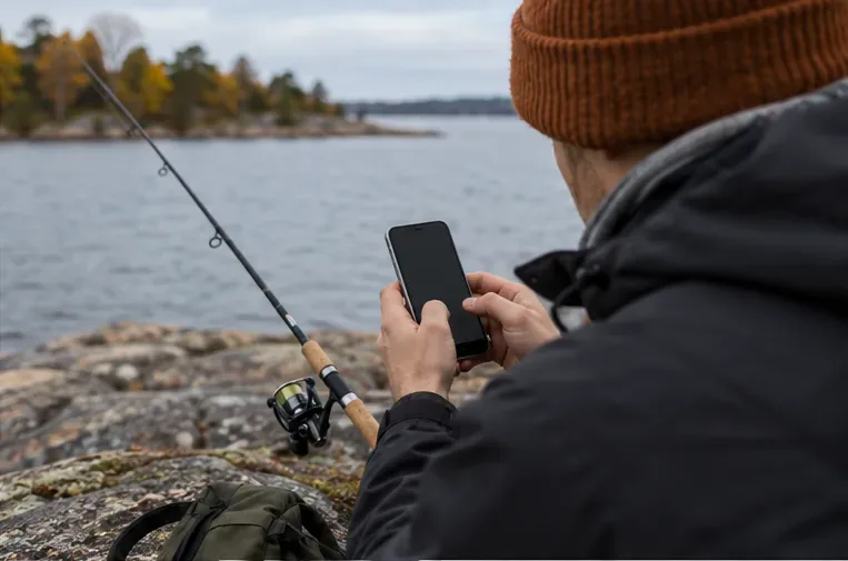 En sportfiskare använder sin mobiltelefon vid en skärgårdsstrand för att kontrollera platsinformation innan han fiskar.