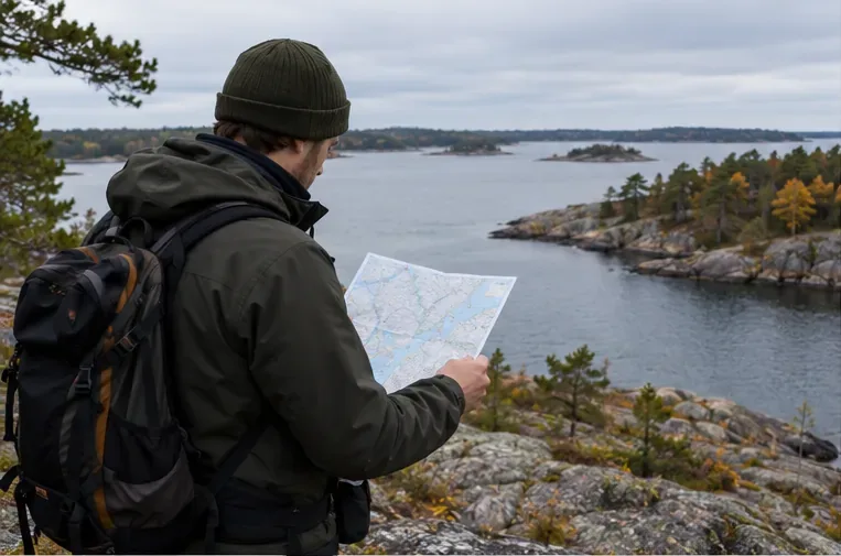 En sportfiskare står på en klipphäll i Stockholms skärgård och granskar en papperskarta före fisket.