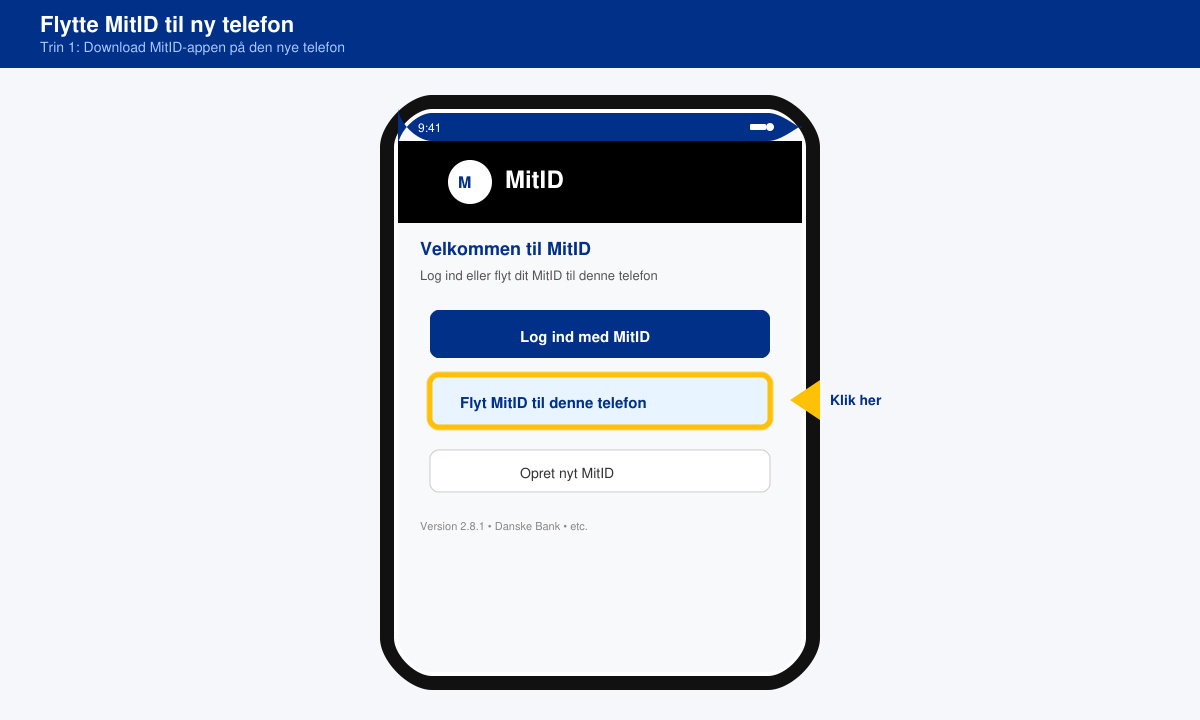 Skærmbillede af MitID-appens startskærm med knappen “Flyt MitID til denne telefon” fremhævet