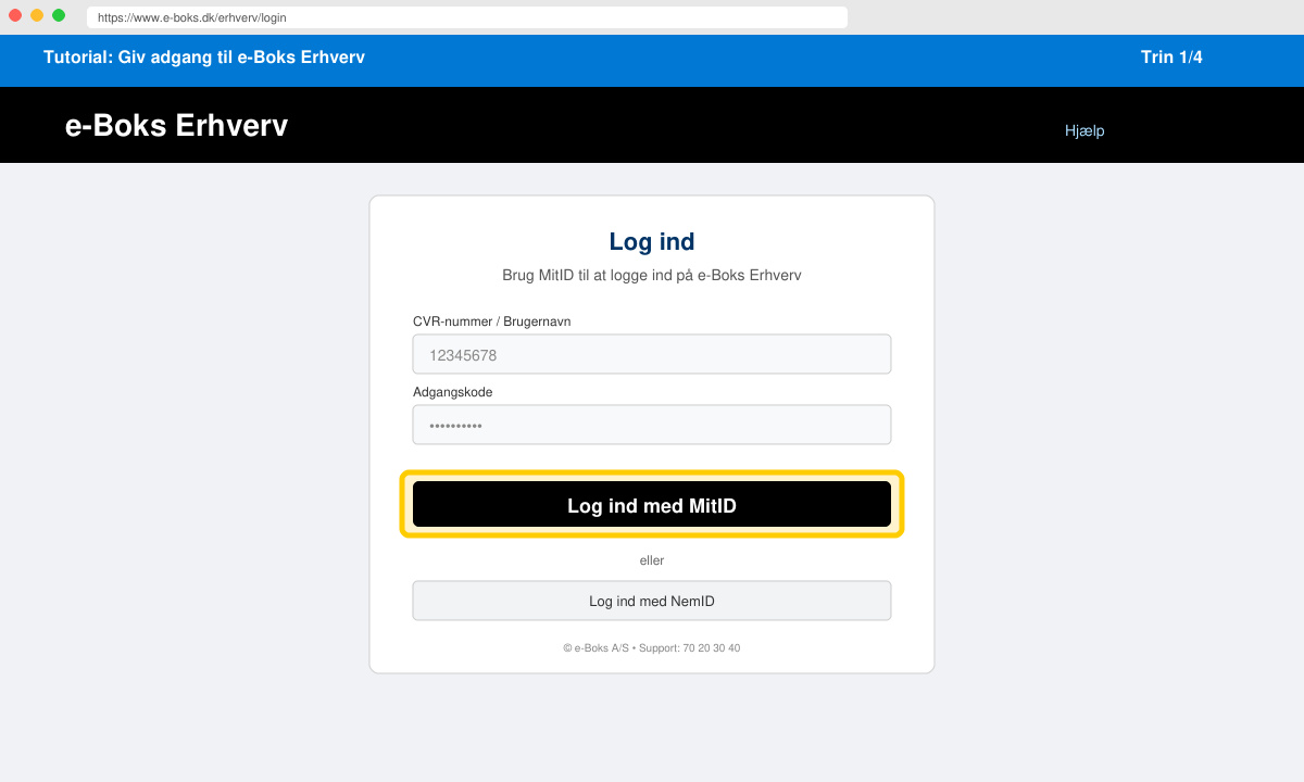Skærmbillede af login-siden til e-Boks Erhverv med MitID-knap
