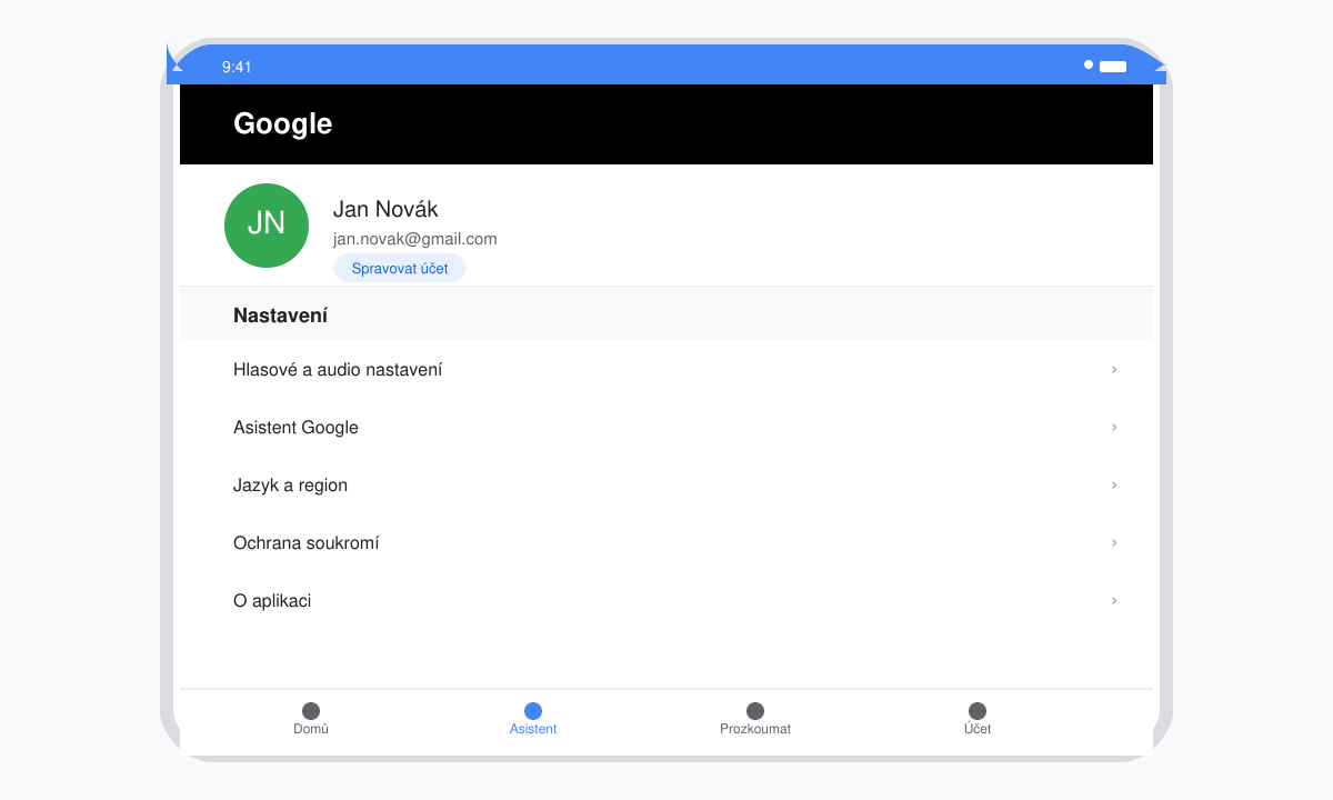 Snímek obrazovky s profilem a nabídkou Nastavení v aplikaci Google