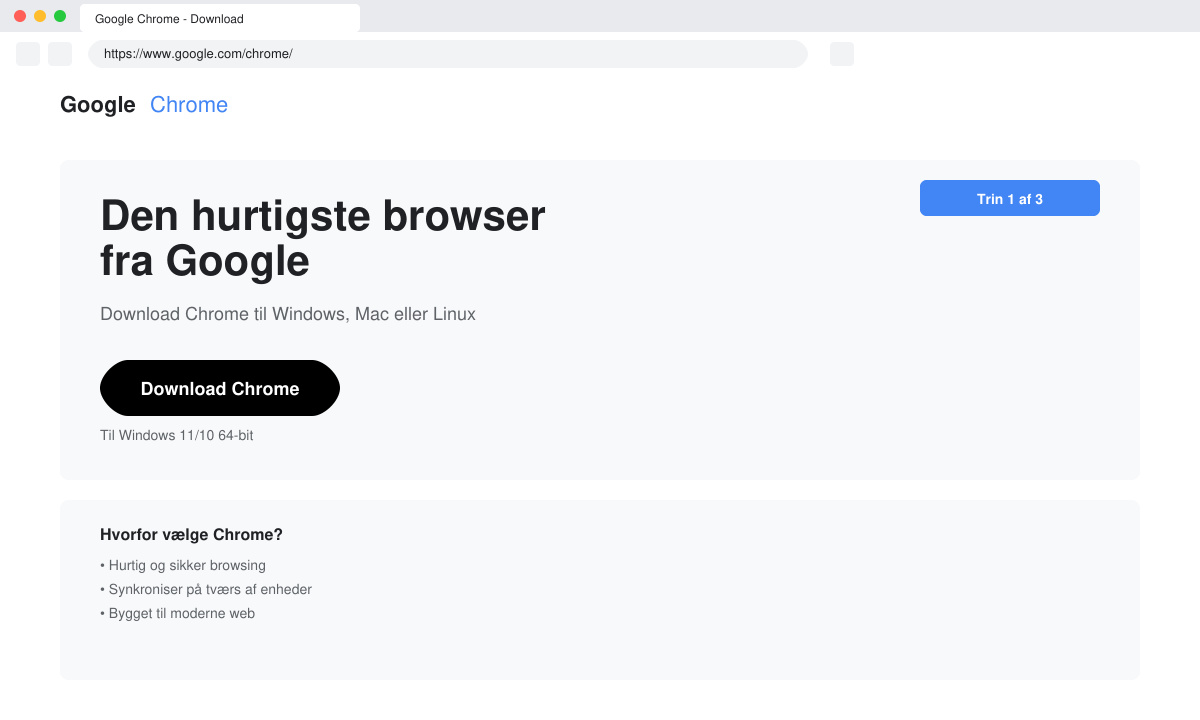 Skærmbillede af den officielle Chrome-downloadside med blå download-knap