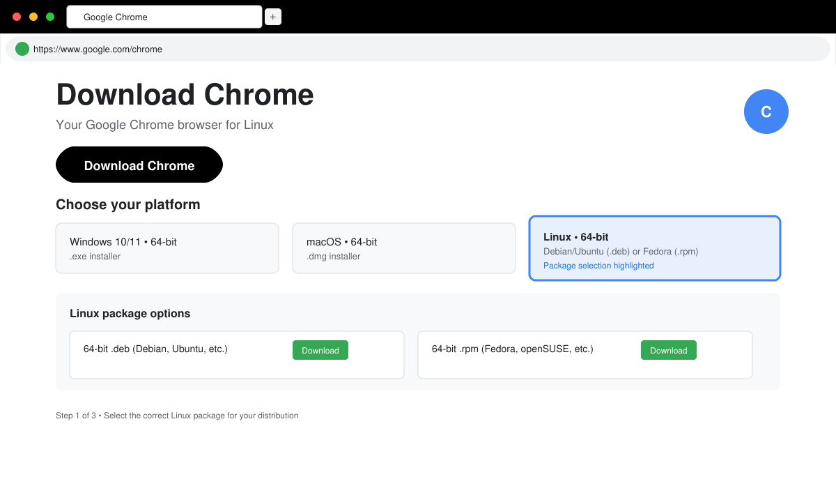 Skærmbillede af Chrome download-side med valgmuligheder for Linux-pakker