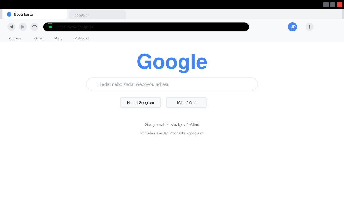 Chrome browser window open with Czech interface after successful installation