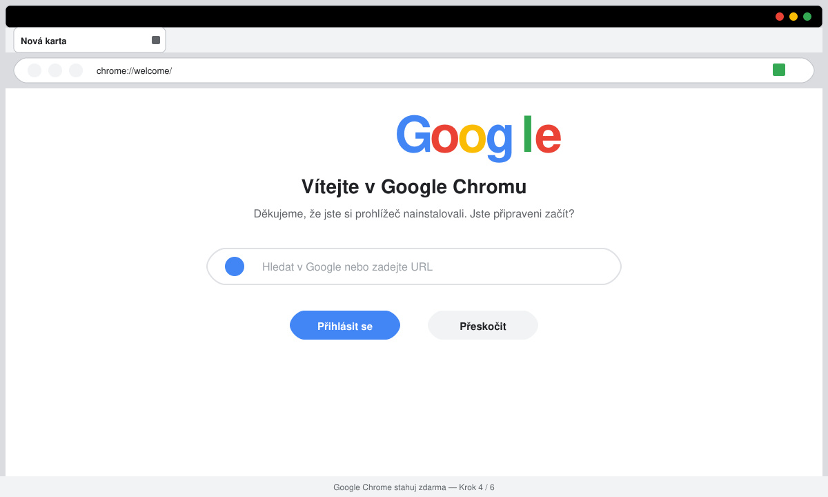 Spuštěný Google Chrome po úspěšné instalaci