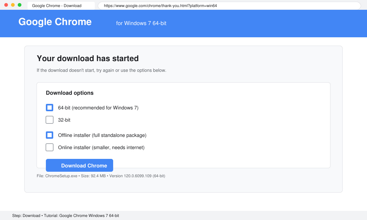 Skærmbillede af downloadvalg med 64-bit og offline installer markeret