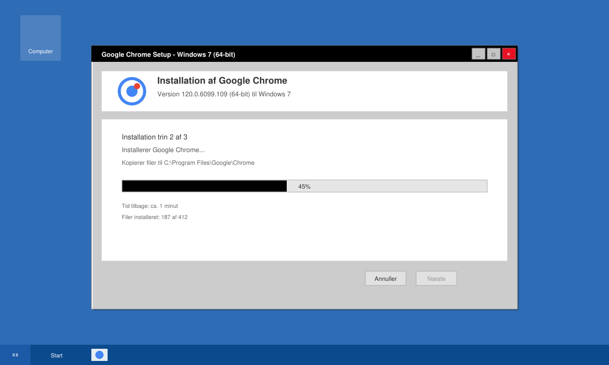Installationsvindue med fremskridtslinje på Windows 7