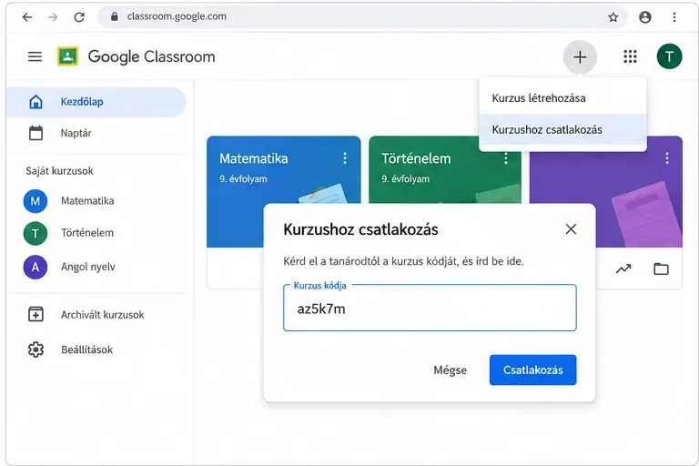Google Classroom kurzushoz csatlakozás párbeszédablak kurzuskód mezővel és Csatlakozás gombbal.
