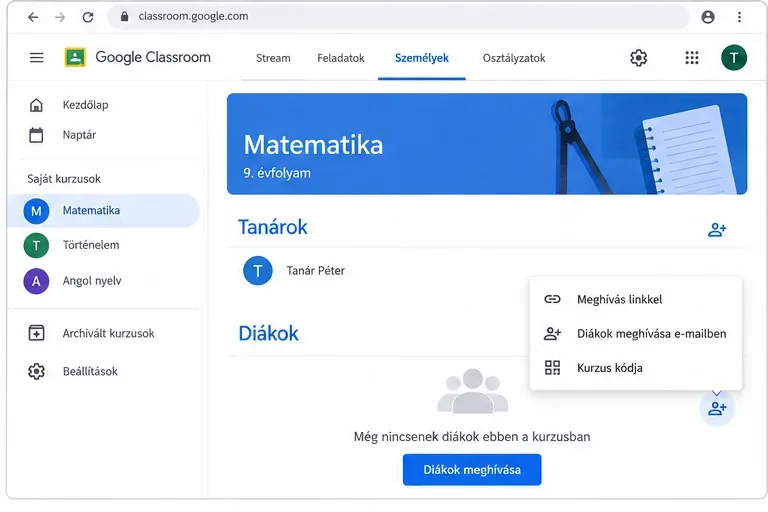 Google Classroom Személyek nézete tanárral, üres diáklistával és meghívási lehetőségeket tartalmazó menüvel.