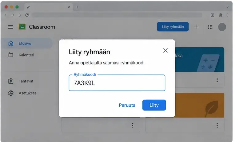 Google Classroomin Liity ryhmään -ikkuna, jossa ryhmäkoodi kirjoitetaan kenttään
