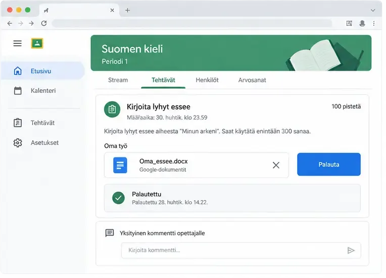 Google Classroomin tehtävänäkymä, jossa liitetty dokumentti, Palauta-painike ja Palautettu-tila