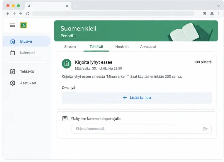 Google Classroomin tehtävänäkymä, jossa Tehtävät-välilehti, tehtävän ohje ja Lisää tai luo -alue ovat näkyvissä