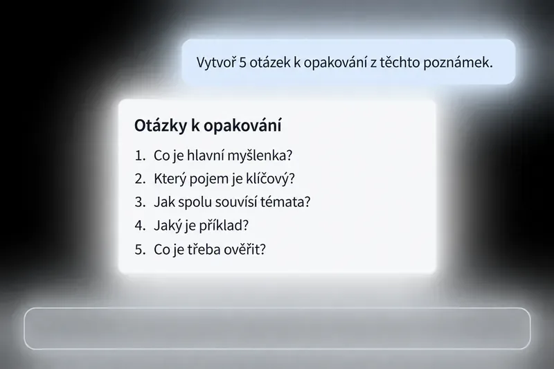 Chatové rozhraní s českou žádostí o pět opakovacích otázek a číslovanou odpovědí.
