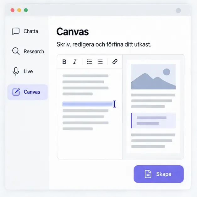 Illustration av en generell Canvas-arbetsyta med textredigering, förhandsvisning och knappen Skapa.