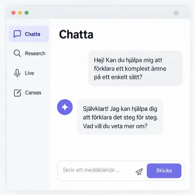 Illustration av ett generellt chattfönster där en användare skriver en fråga och får ett kort svar från en AI-assistent.