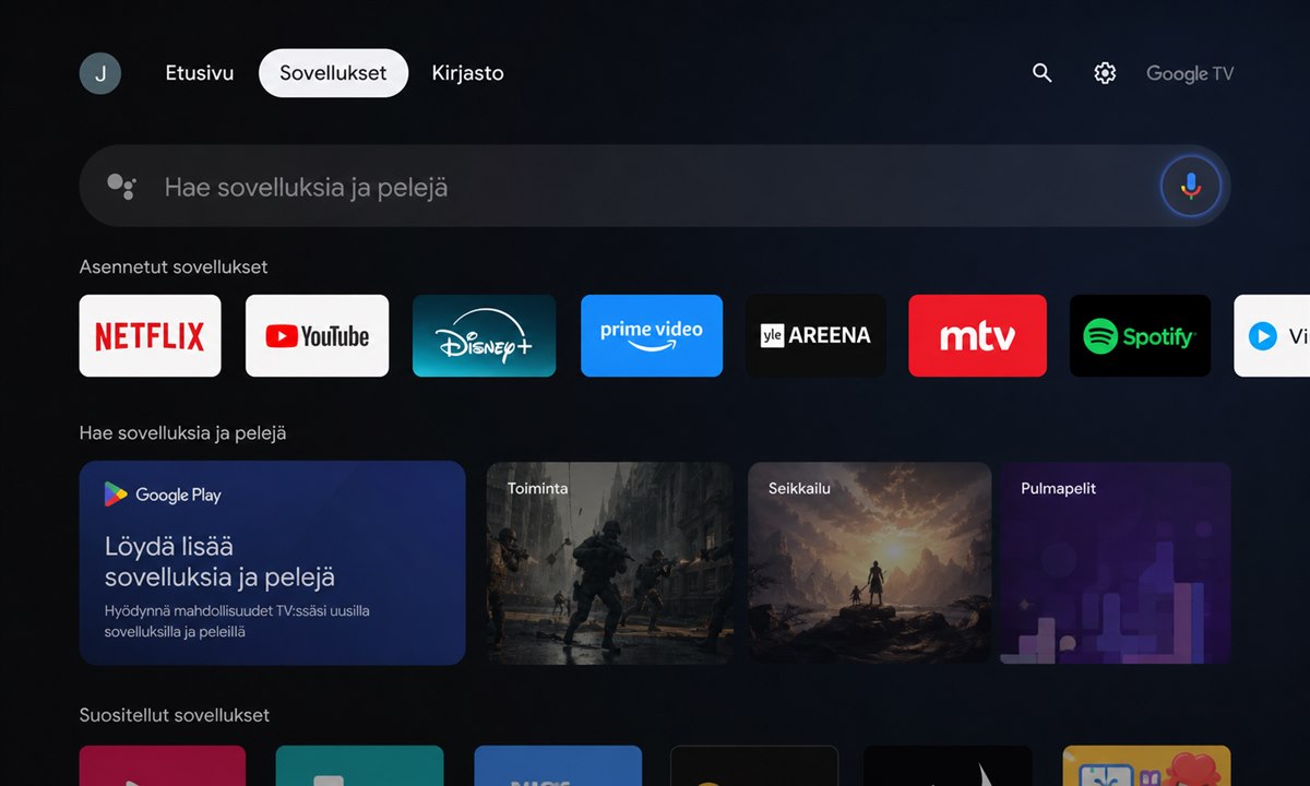 Google TV päävalikko ja Sovellukset-osio