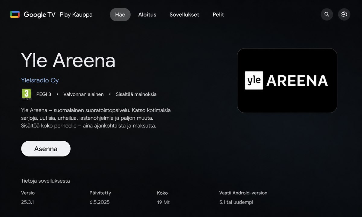 Yle Areena -sovelluksen asentaminen Google Play Kaupasta Google TV:ssä