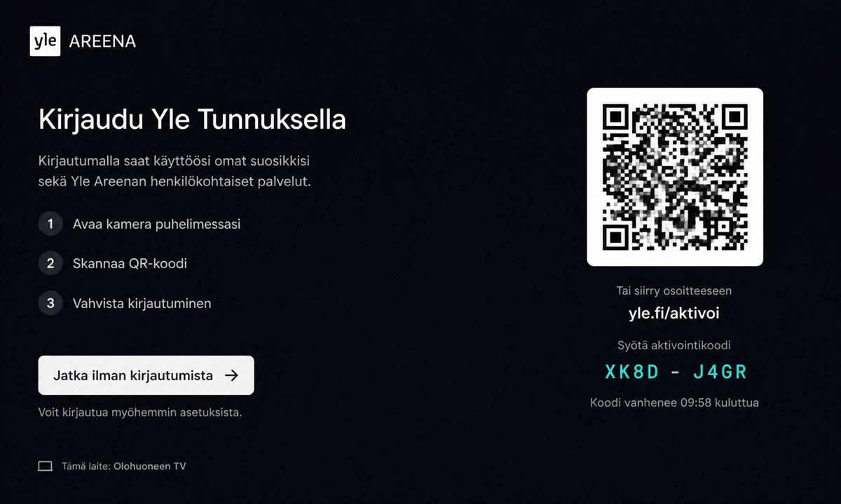 Yle Areena kirjautuminen Google TV:ssä QR-koodilla