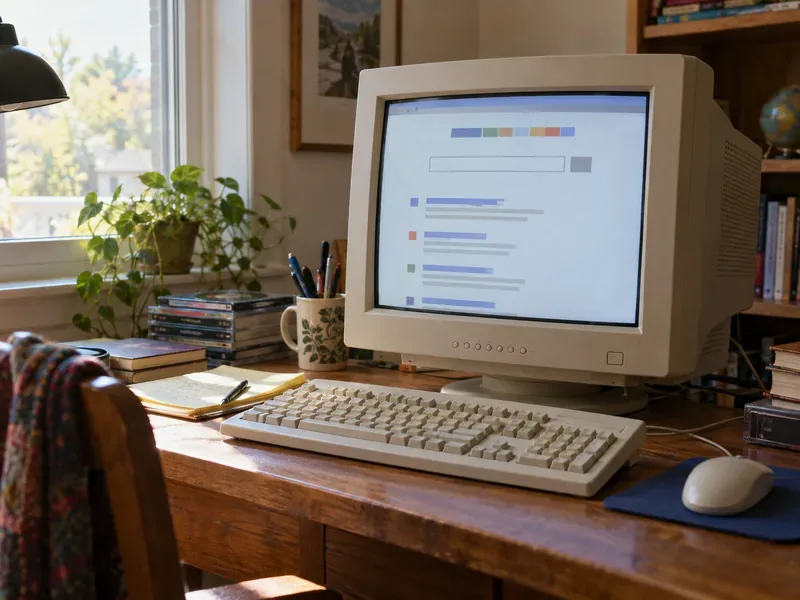 En beige CRT-skjerm på et skrivebord viser en enkel, generell søkeside fra den tidlige nettepoken.