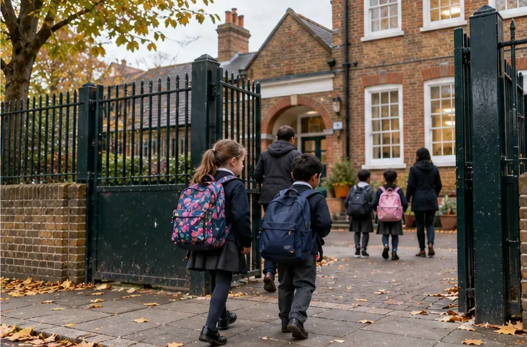 Children with backpacks walk through the gate of a brick London school