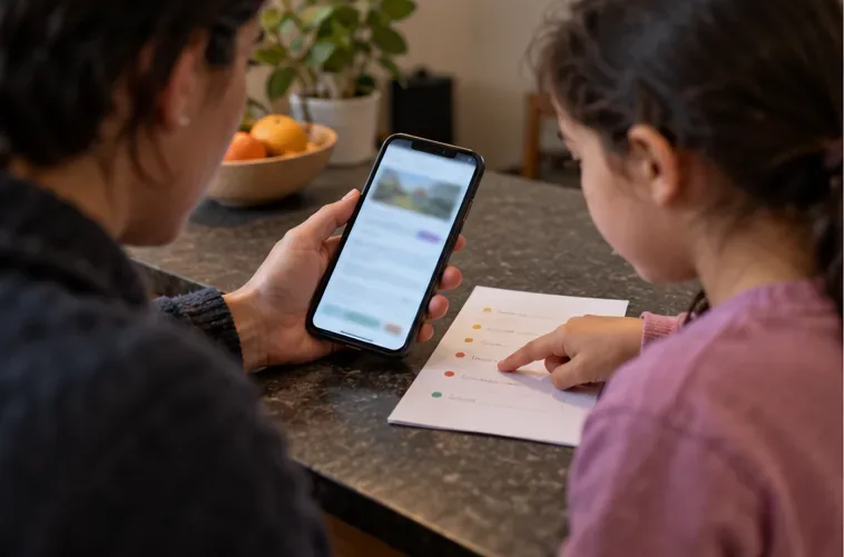 A parent checks a school information page on a phone while a child points to a paper note