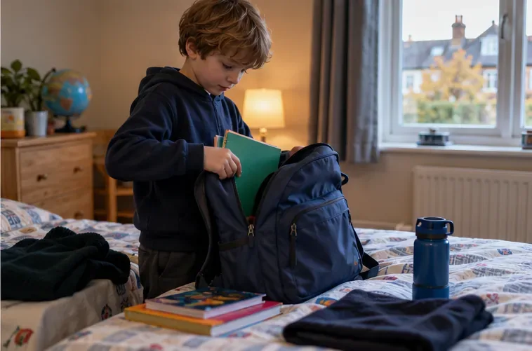 A school-age child packs a backpack at home