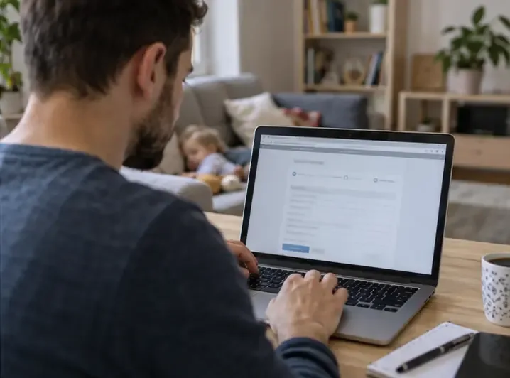 Szülő laptopon egy általános, szövegében nem olvasható online támogatási űrlapot tölt ki