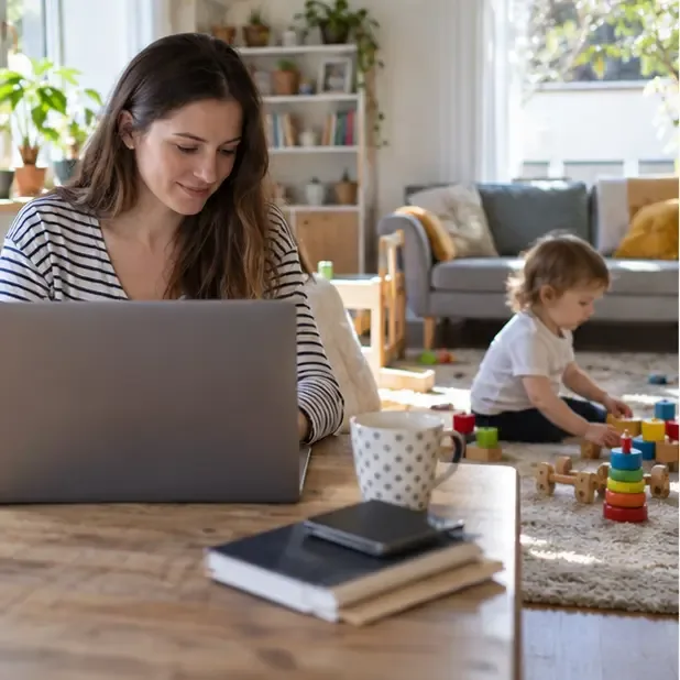 Egy szülő laptopon dolgozik otthon, miközben egy kisgyermek a háttérben játékokkal játszik.