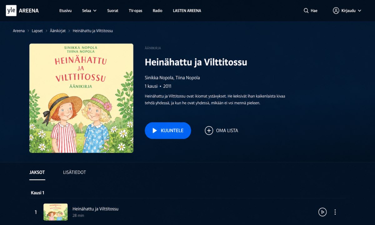 Heinähattu ja vilttitossu äänikirja yle areena