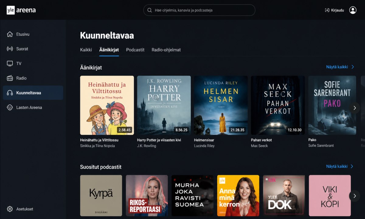 Yle Areena Kuunneltavaa osio ja äänikirjat