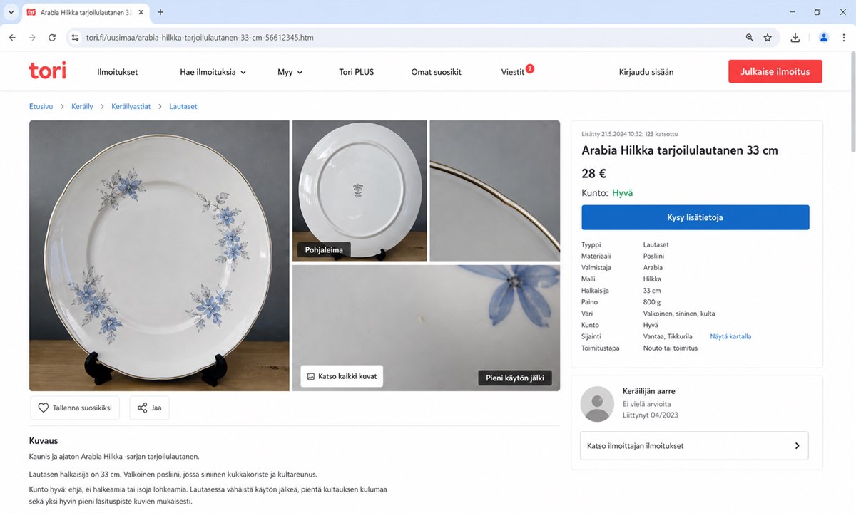 Posliinin kunnon tarkastaminen Tori.fi-ilmoituksesta