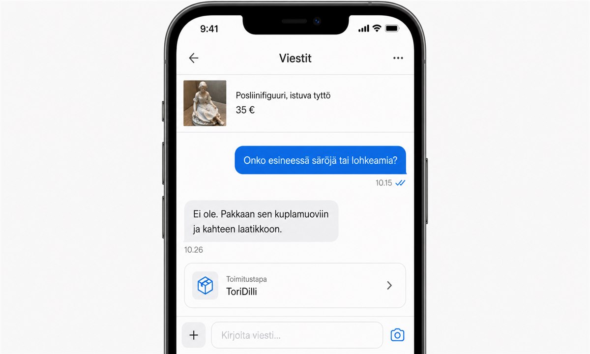 Yhteydenotto myyjään Tori.fi-viestillä posliiniostosta