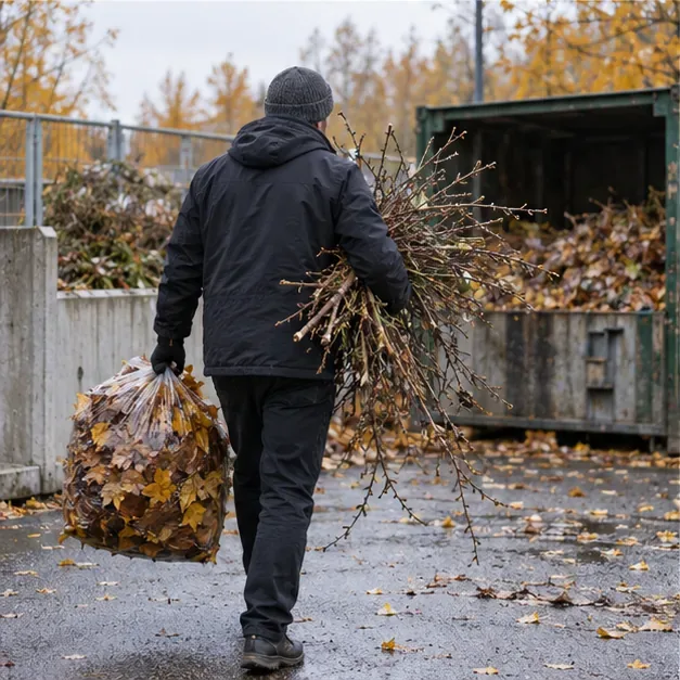 Asukas kantaa syksyn lehtiä ja oksanippua puutarhajätteen vastaanottoalueelle