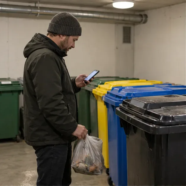 Asukas tarkistaa puhelintaan kerrostalon jätehuoneessa värikoodattujen jäteastioiden vieressä
