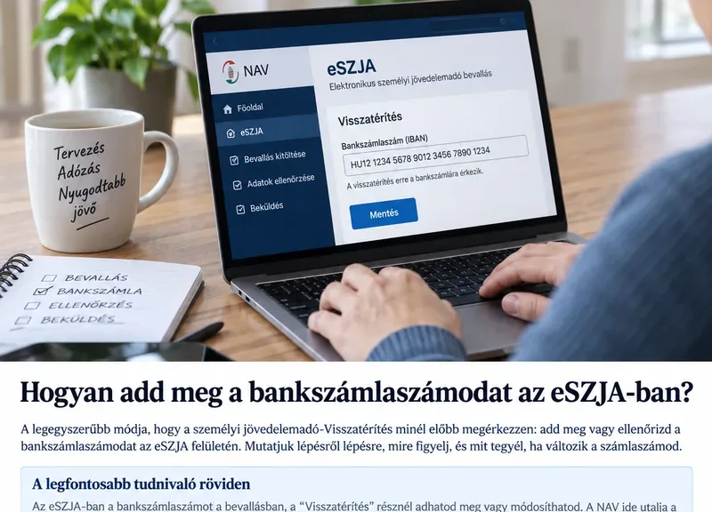 Laptopon megnyitott eSZJA-felület bankszámlaszám megadásához, otthoni munkakörnyezetben.