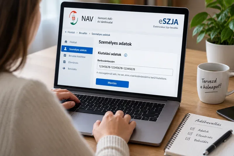 Adóbevallási adatok mentése és ellenőrzése laptopon az eSZJA használata közben.