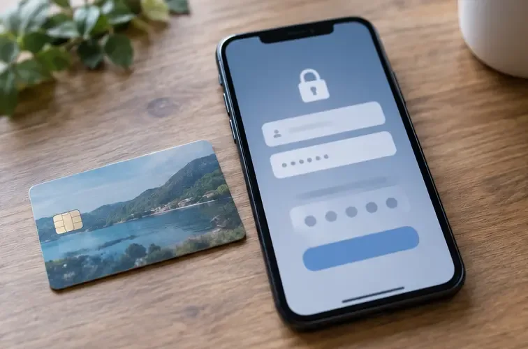 Telefon mellett elhelyezett általános kártyaalkalmazás belépési képernyője felhasználónévvel és második azonosítási mezővel