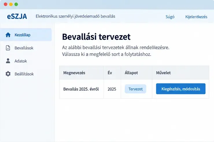 Fogalmi eSZJA-felület a 2025. évi bevallási tervezet és a Kiegészítés, módosítás művelet megjelenítésével