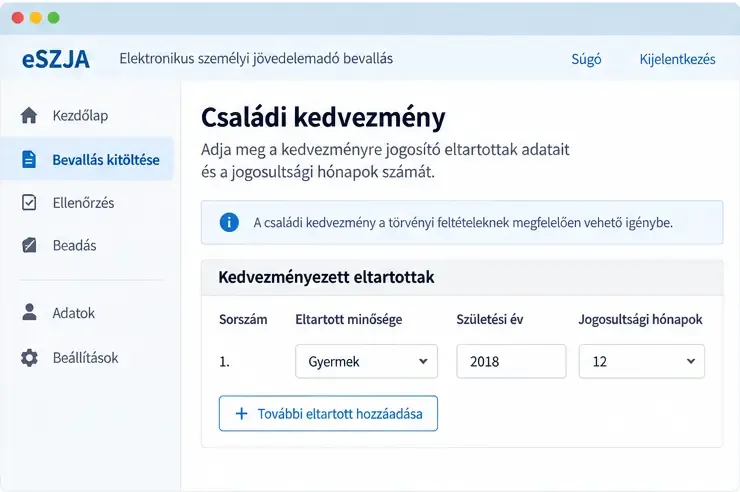 Fogalmi eSZJA-felület a családi kedvezményhez tartozó eltartotti és jogosultsági hónapok adatmezőivel