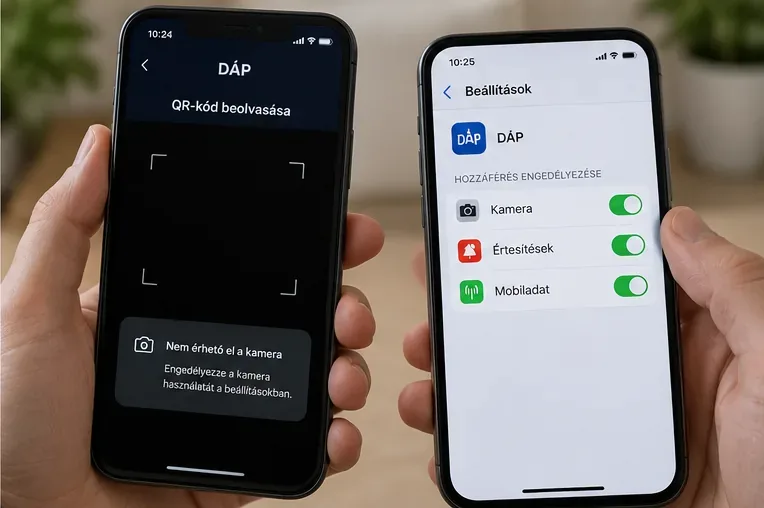 A DÁP QR-kód olvasója kamerahozzáférési hibát jelez, mellette a telefon beállításaiban a DÁP kameraengedélye bekapcsolt állapotban látható.